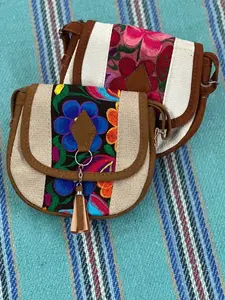 Mexican Handbag with Floral Embroidery Bolsa con Flores Unique Design Tassel Charm Meaningful Gifts for Women 9x7.5 Inches Hand Wash Only