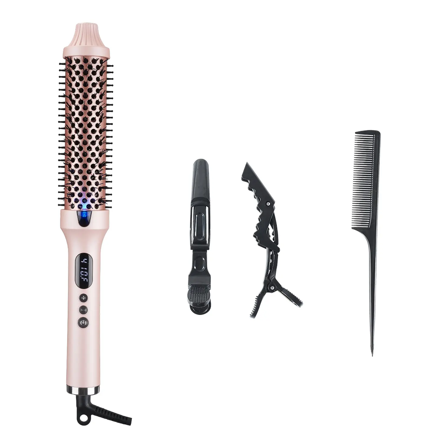 Wave curling wand with heat-sensing curling comb, 1.5-inch round brush head, LED display, dual voltage, pink, reduces damage, hair heating curling brush, dual negative ions, suitable for wavy hair, long-lasting curl, professional salon-grade curling effec