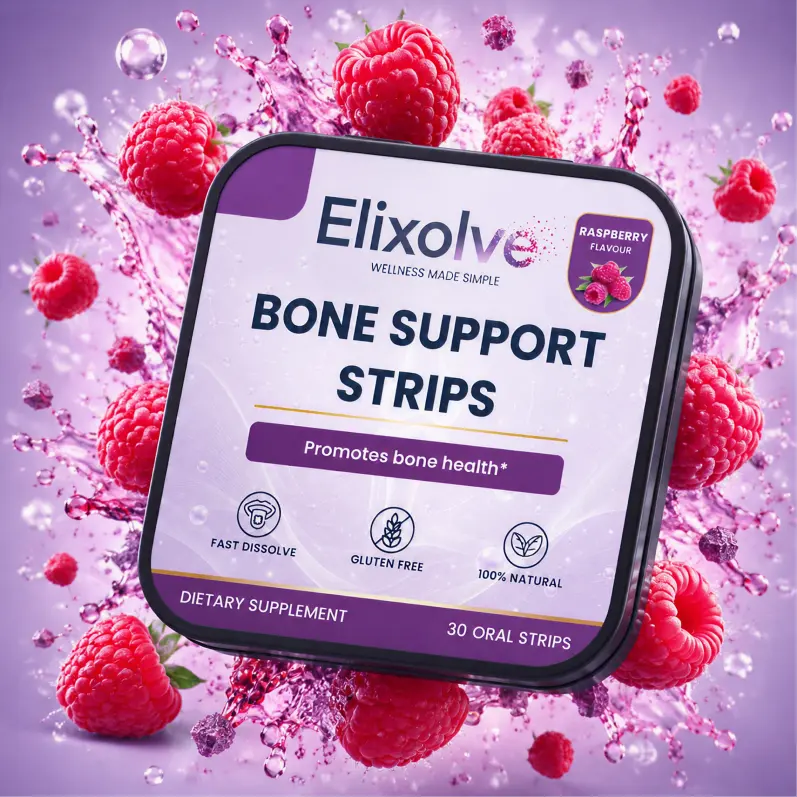 Elixolve Cruelty-Free Fast-Dissolve Bone Health Oral Strips, Raspberry Flavor, Gluten-Free, 30 Count