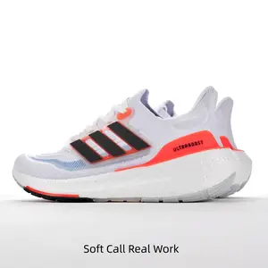 Aerobic Training Ultra Light White Knit Boost Sneakers, Bright Orange Heel Counter Contrast Black Stripes, High Rebound Cushion Trainers For Gym Workout Daily Jogging