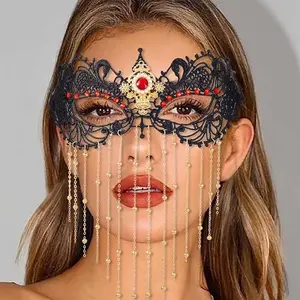 Masquerade Lace Mask Costume Eye Mask Tassels   Rhinestone Black Mask for Women