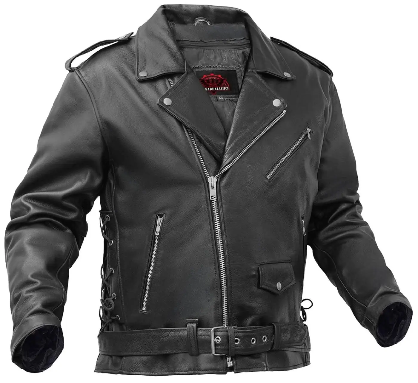 RENEGADE CLASSICS Freedom Rider™ Men's Black Soft Real Leather Jacket - Stretch, Plain, Eagle Accent, Small Pocket, Belted Menswear Top Coat, Long Sleeve, Zipper