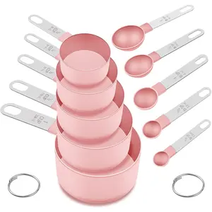 Measuring Cups and Spoons Set, 10 Pieces Nesting Measure Tools, Kitchen Essentials Gadgets with Stainless Steel Handle for Dry & Liquid Ingredient, Pink