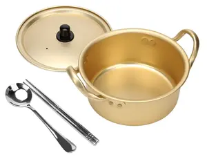 Korean Ramen Cooking Pot, AHIER Korean Ramen Noodle Pot With Lid, Spoon and Chopsticks (1pair), Fast Heating for Kitchen Cookware (Double handle) (6.3in)