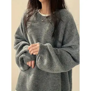 Oversized solid color open hem off shoulder sweater, autumn and winter casual long sleeved round neck jumper, daily wear women's clothingRAIMENTRY