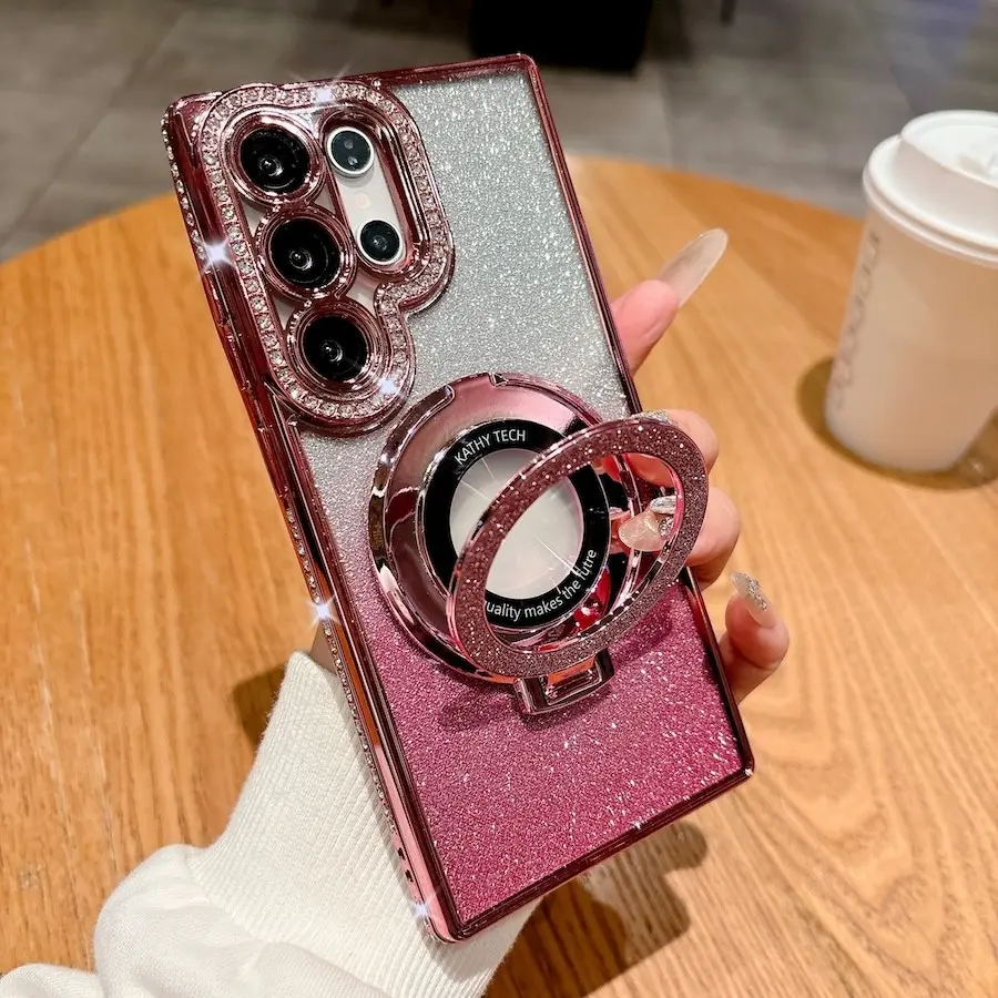 For Samsung S25 Edge S24 FE S25 FE S23 S22 Ultra Plus Luxury Plating Protective Gradient Magnetic Glitter Rhinestone Stand Holder Case Protector Wireless Charging Plating Cover Casing