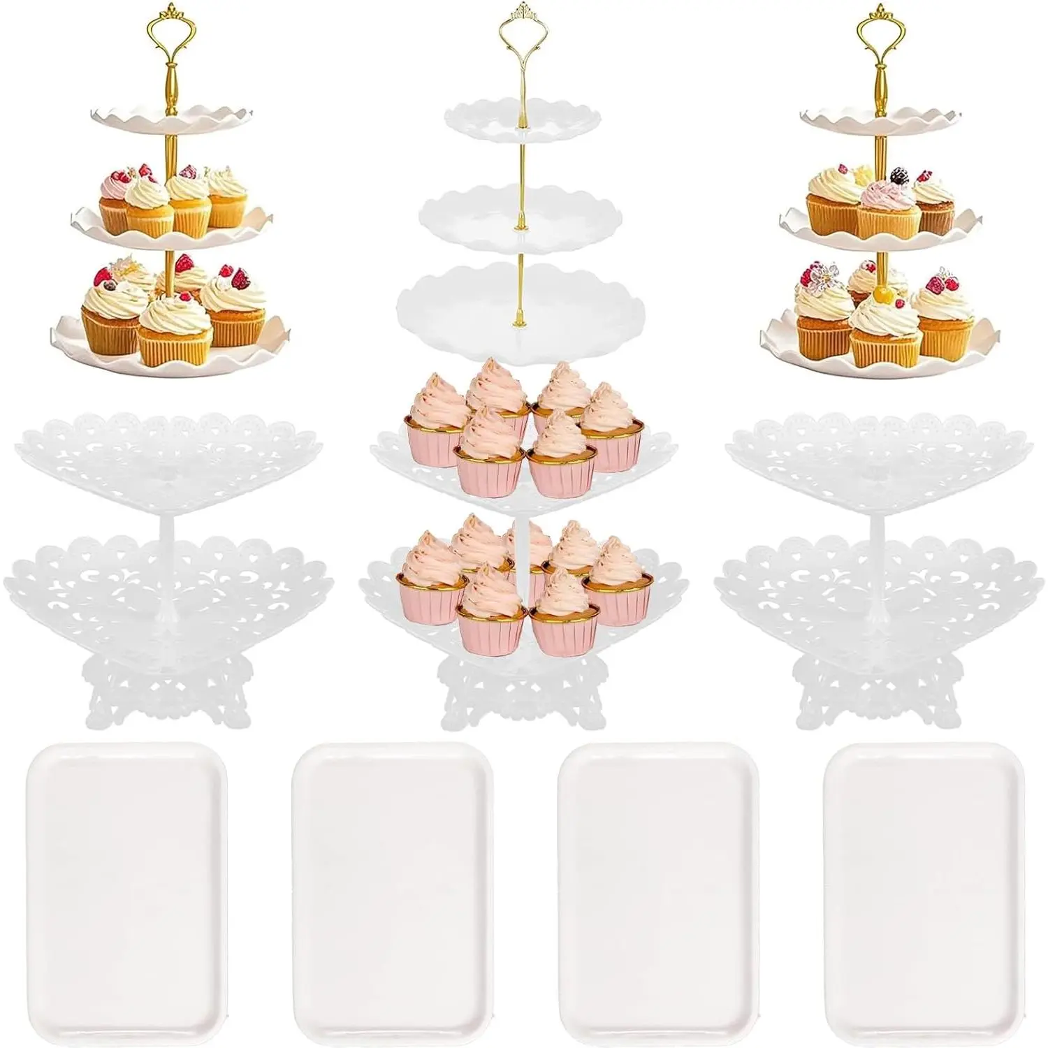10 Cake Rack Set with 3 Double Layered Heart-shaped Cake Racks 3 Triple Layered Cupcake Racks and 4 Appetizer Trays, Various Styles of Candy and Fruit Display Towers, Used for Birthday Baby Bride Shower Parties (White)
