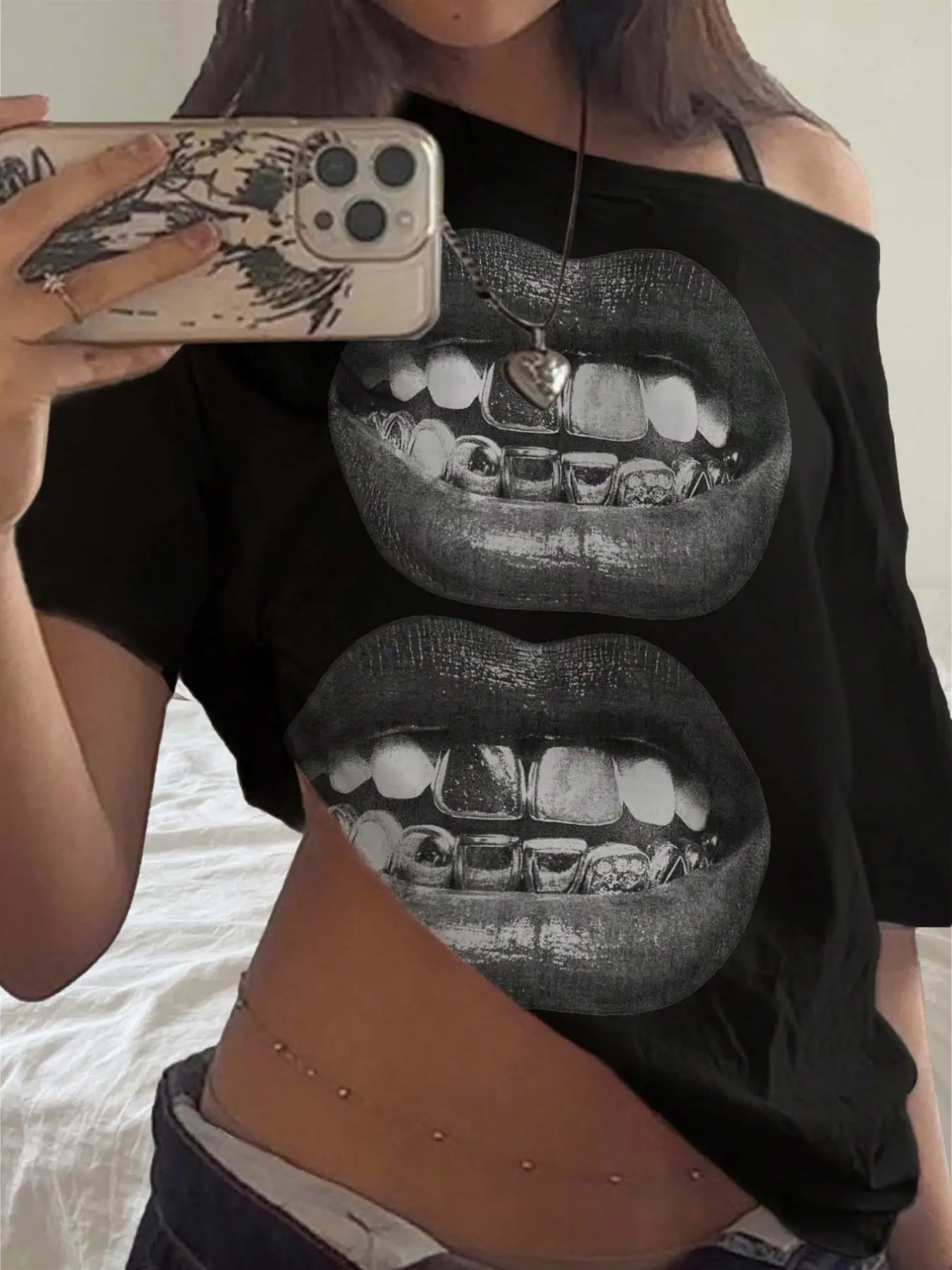 Women's off Shoulder Lips Graphic T-Shirt, Y2K Aesthetic Grunge Mouth Print Tee, Asymmetric Neckline, Oversized Loose Fit, Edgy Rock Style