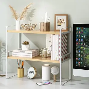 Wood Office Desk Shelf Organizer - Desktop Supplies Cute Dresser Top Organization Storage Rack and Cubicle Decor Aesthetic Bookshelf for Women Man and Kids (Black White-Single Tier)