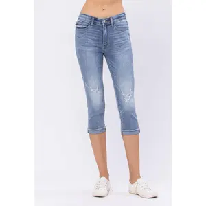 Judy Blue Mid Rise Lite Wash Destroyed Skinny Fit Capri Jeans for Women 82249, Last Pair size 3, Soft Stretchy Denim with Raw Cuff Hem & Distressed