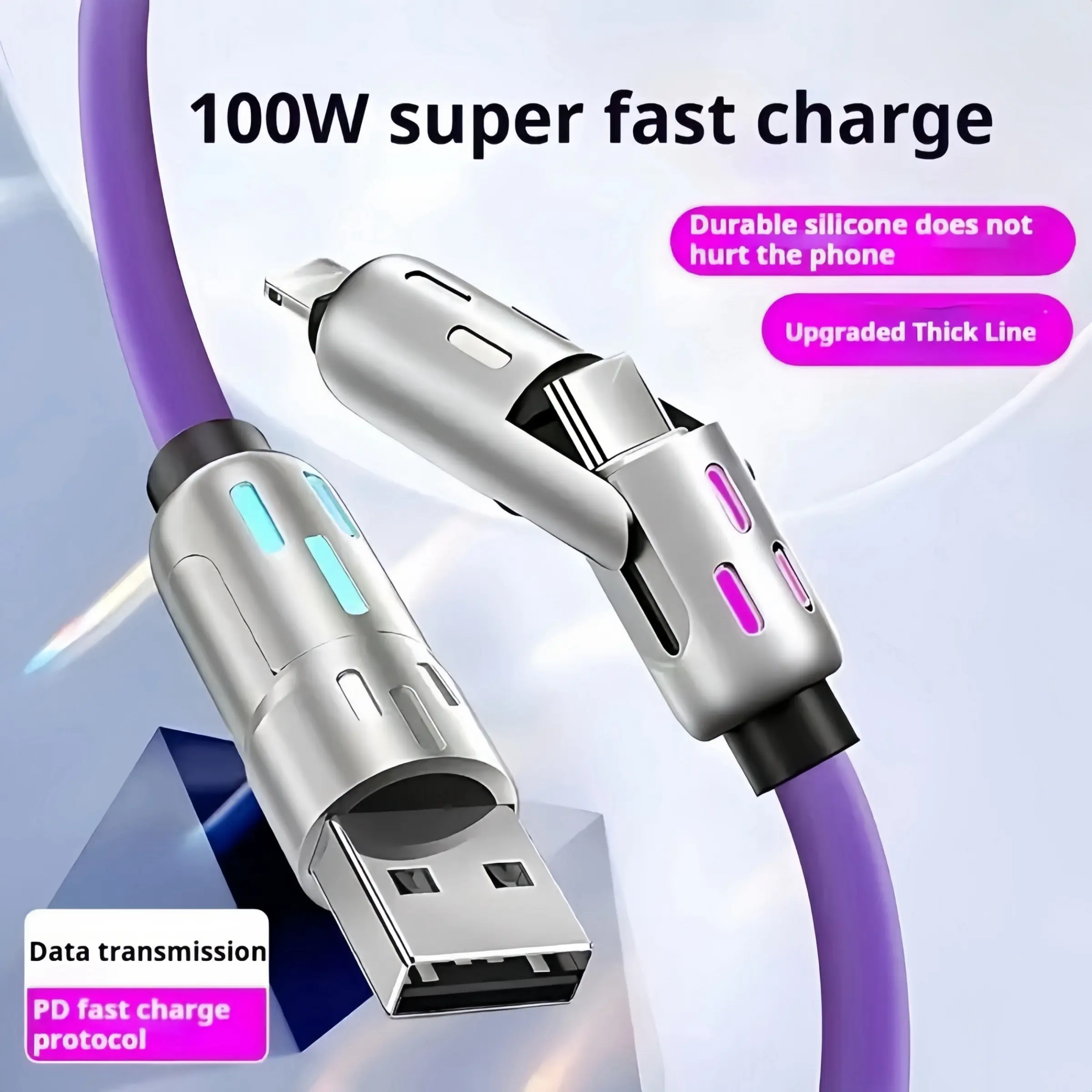 Car Accessories 4-In-1 Multi USB Charging Cable, Fast Charging Cord, Supports USB a Type-C Lightning Connector, Max 240w Super Fast Charging, for iPhone iPad Samsung Laptop, Multifunctional Charging Cable