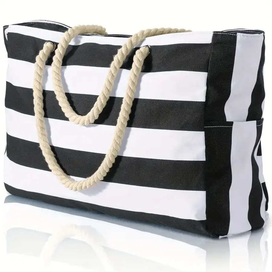 Striped Beach Bag — Large-Capacity Travel Organizer & Shopping Tote — Thickened Cotton Eco-Friendly Handbag