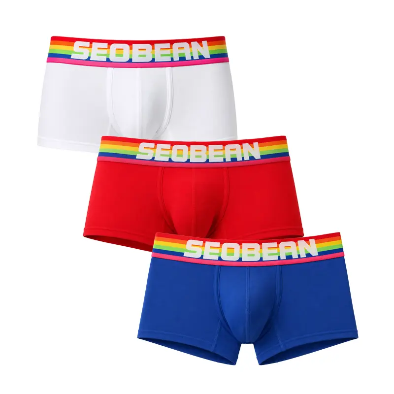 SEOBEAN Men’s Low Waist Colorblock Stretch Knit Assorted Mixed Boxer Briefs, Soft Cotton Blend Trunks with Rainbow Waistband, Contoured Pouch Short Leg for Gym, Pride-00213
