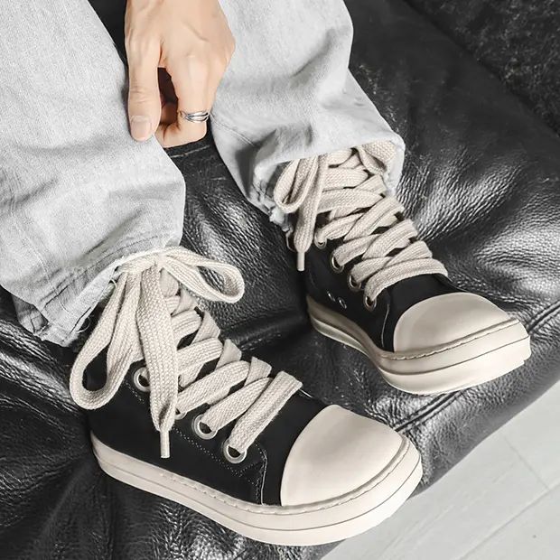 Mens High Top Sneakers Oversized Laces Fat Laces Chunky Platform Rubber Toe Cap Canvas Shoes Big Eyelets Avant Garde Streetwear Y2K Casual Board Shoes Designer Style Footwear