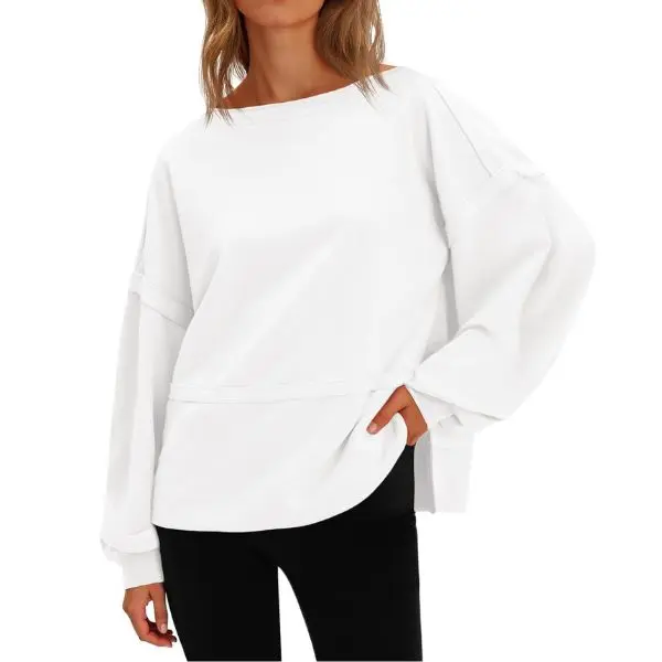 Fisoew Womens Casual Crewneck Sweatshirts Lantern Long Sleeve Side Slit Loose Sweatshirt Fall Crop Pullover Tops