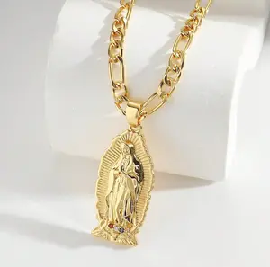 MaxBling81 High Quality and Polished Gold Plated Brass Guadalupe Virgin Mary Religious Motif Amulet Necklace, 5mm 24" Figaro-Miami Cuban Link Chain, Unisex Costume Chain Jewelry for Daily Wear, Miami Cuban Chain