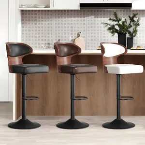 Bar Stools Set of 2, Wooden Barstools PU Leather Upholstered Bar Chair, Adjustable Height Island Chairs with Back & Footrest for Kitchen Dining Room