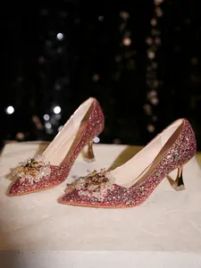 New Women's High Heel Wedding Shoes, Comfortable Floral Decorated Single Shoe, Fashionable Casual Dress Shoes, Versatile and Stylish, Stiletto Heel, Wedding Party Shoes