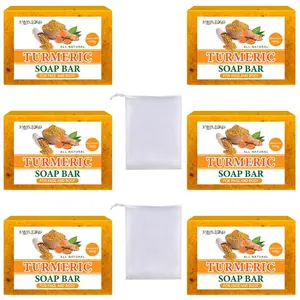 Turmeric Lemon Soap Bar, 6 Counts Deep Cleansing Bathing and Facial Soap with 2 Foaming Nets, Suitable for Both Men and Women