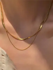 Fashion Simple Stainless Steel Dual Layer Flat Snake Chain Necklace Set, Suitable for Women Casual Daily Wear, Gift