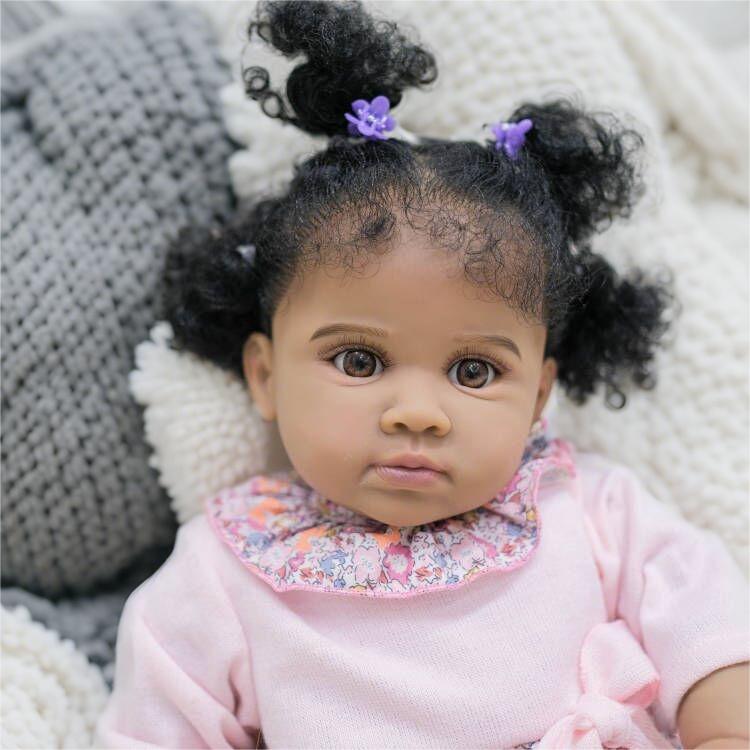 Reborn Baby Dolls 24 inch African American Black Soft Body Realistic Silicone Vinyl Toddler Dolls Real Life Baby Dolls Cloth Body Doll Toy Gift for Kids Age 3+