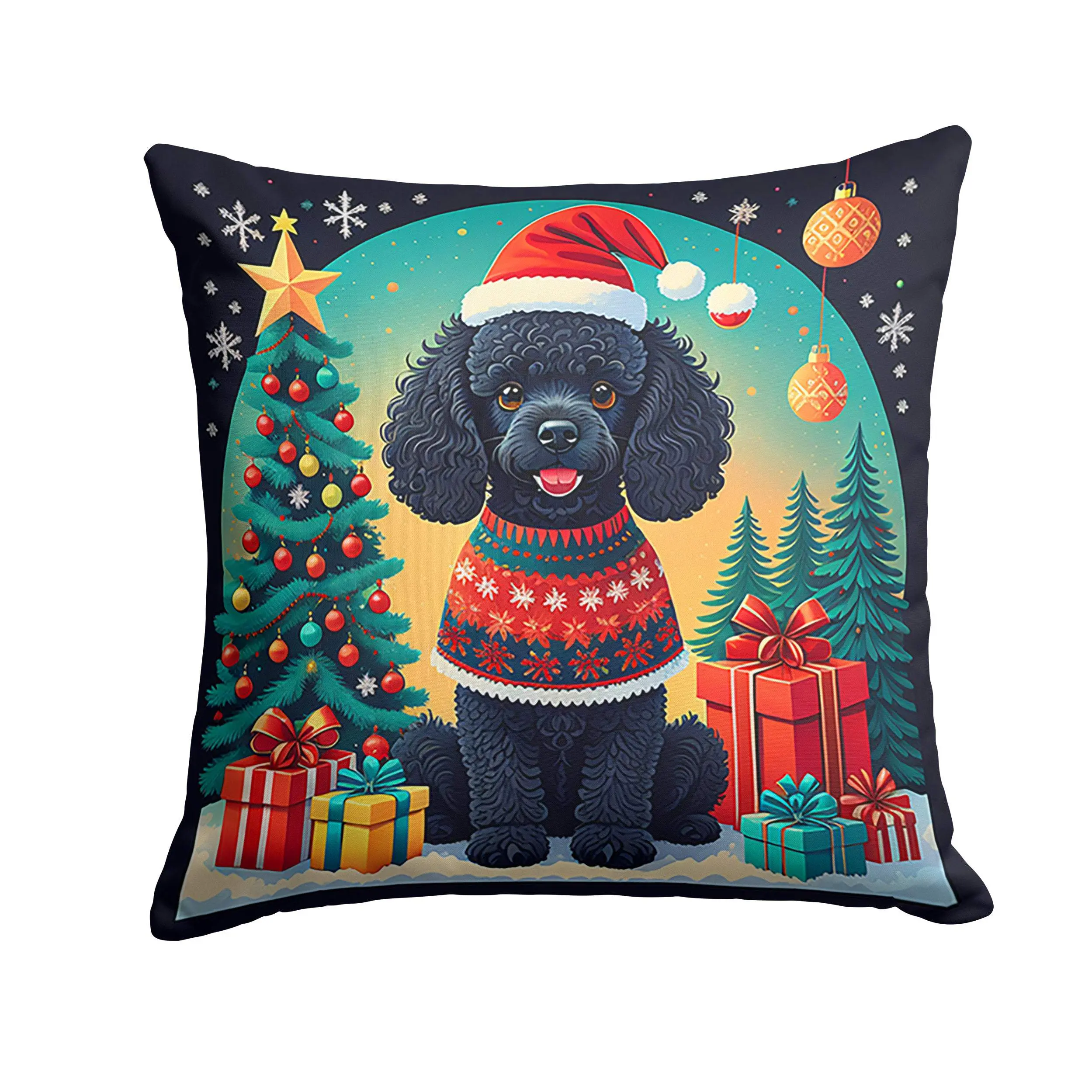 Black Toy Poodle Print Decorative Pillow, Animals-Themed Christmas Cushion, Stain-Resistant Fabric Material, Handcrafted in the United States