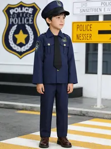 Police Role Play Costume Set, Includes Deep Blue Collared Jacket, Matching Pants, Tie, and Hat, Perfect for Theme Parties