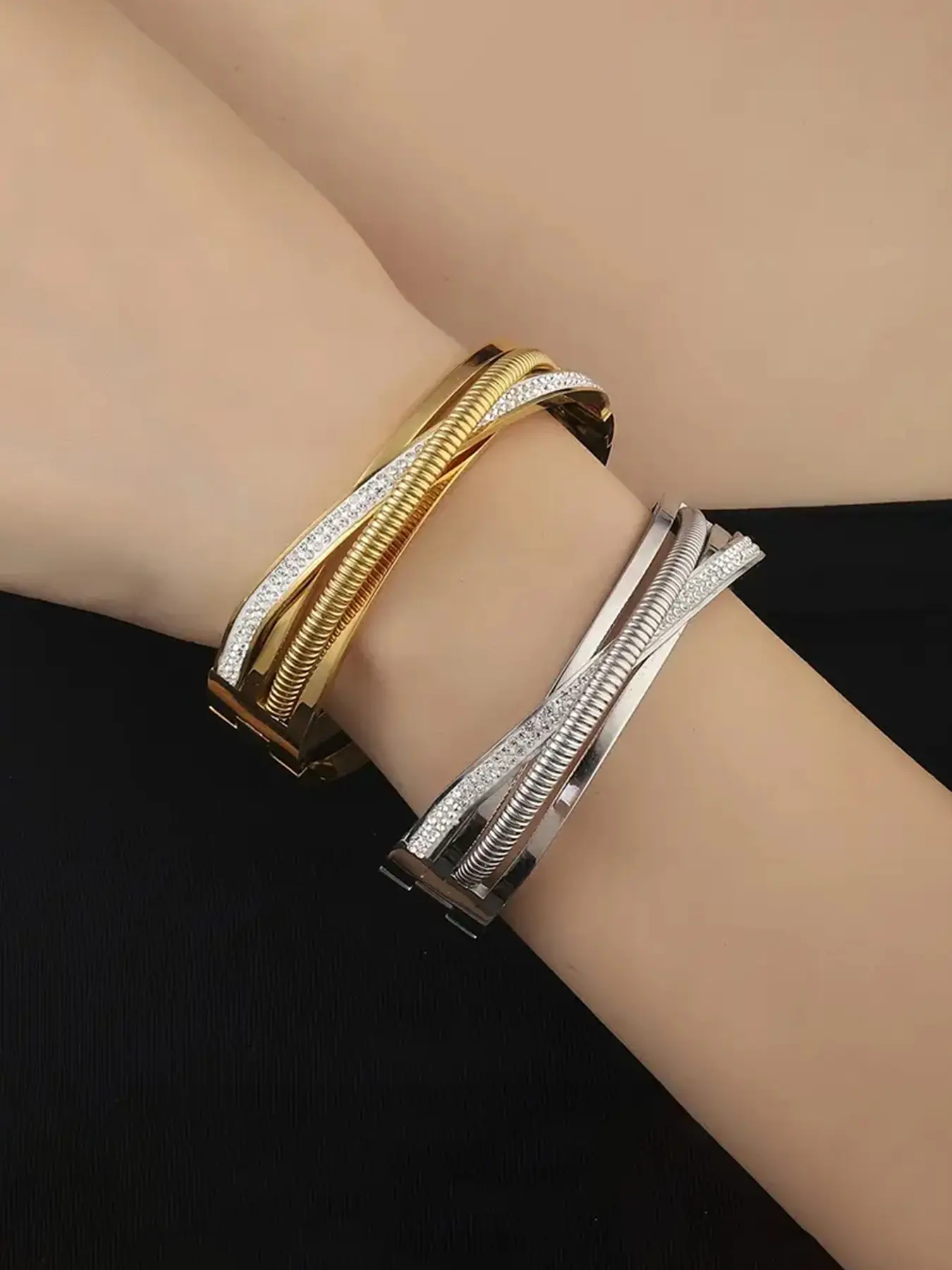 1 piece of 304 stainless steel three-layer mud diamond bracelet, elegant and fashionable style, daily wear jewelry, Christmas gift, Elegant Bangle