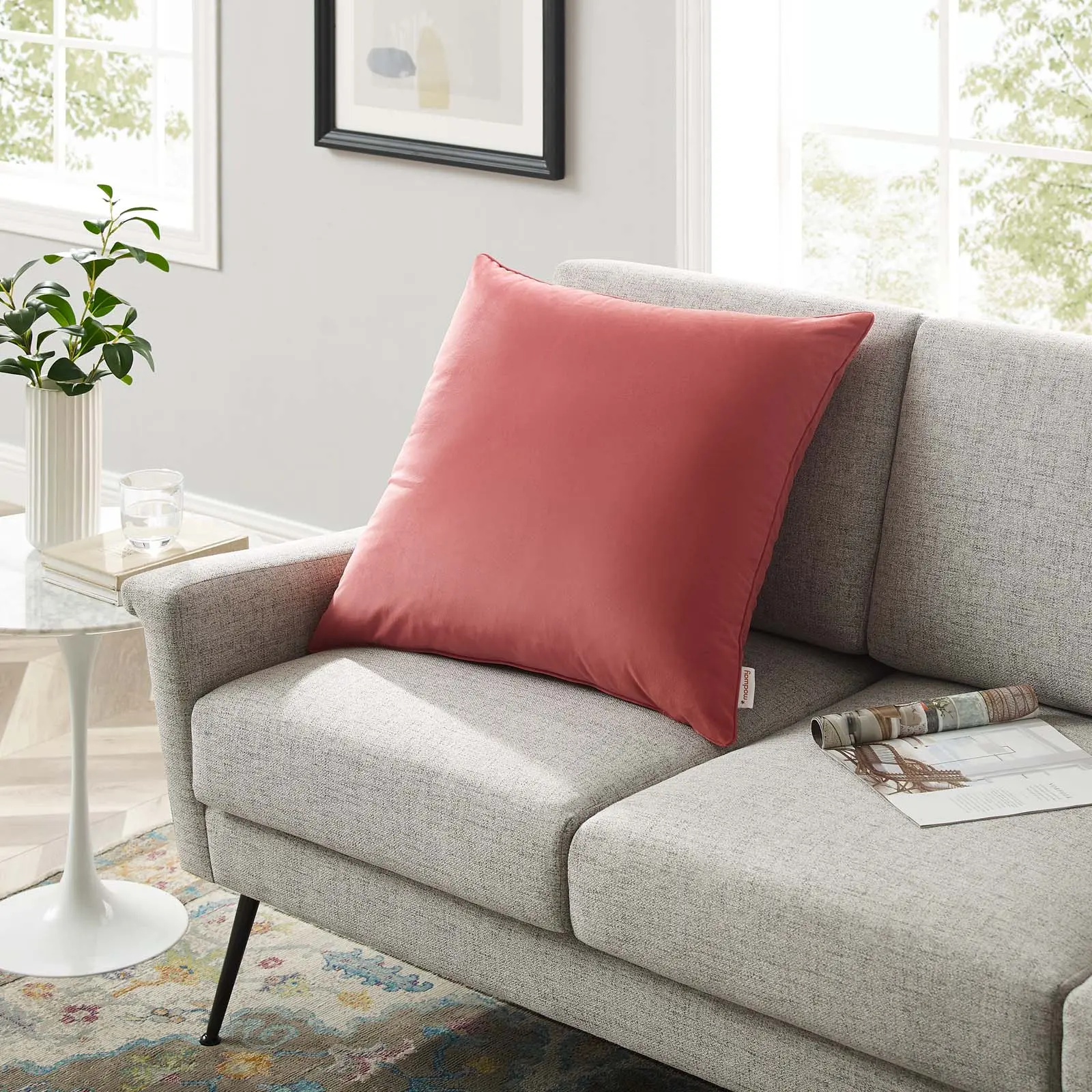 Modway Enhance 24" Throw Pillow - Performance Velvet Accent Pillow with French Piping, 100% Cotton Cover, Polyester Filling for Living Room Home Decor, Blossom