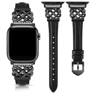 Ultra-thin leather strap compatible with Apple Watch Series 9/8/7/6/5/SE/4/3/2/1 Ultra/Ultra 2. Suitable for iWatch 49MM, 42MM, 44MM, 45MM, 38MM, 40MM, 41MM wristbands. Features a designer-crafted interlocking buckle for women's straps. Smartwatch strap