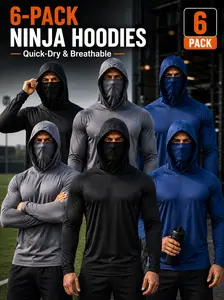 Men’s Long Sleeve Hooded Work Shirts, Lightweight Outdoor Sun Protection Shirts with Built-in Face Cover for Construction, Landscaping, Fishing, 6 Pack