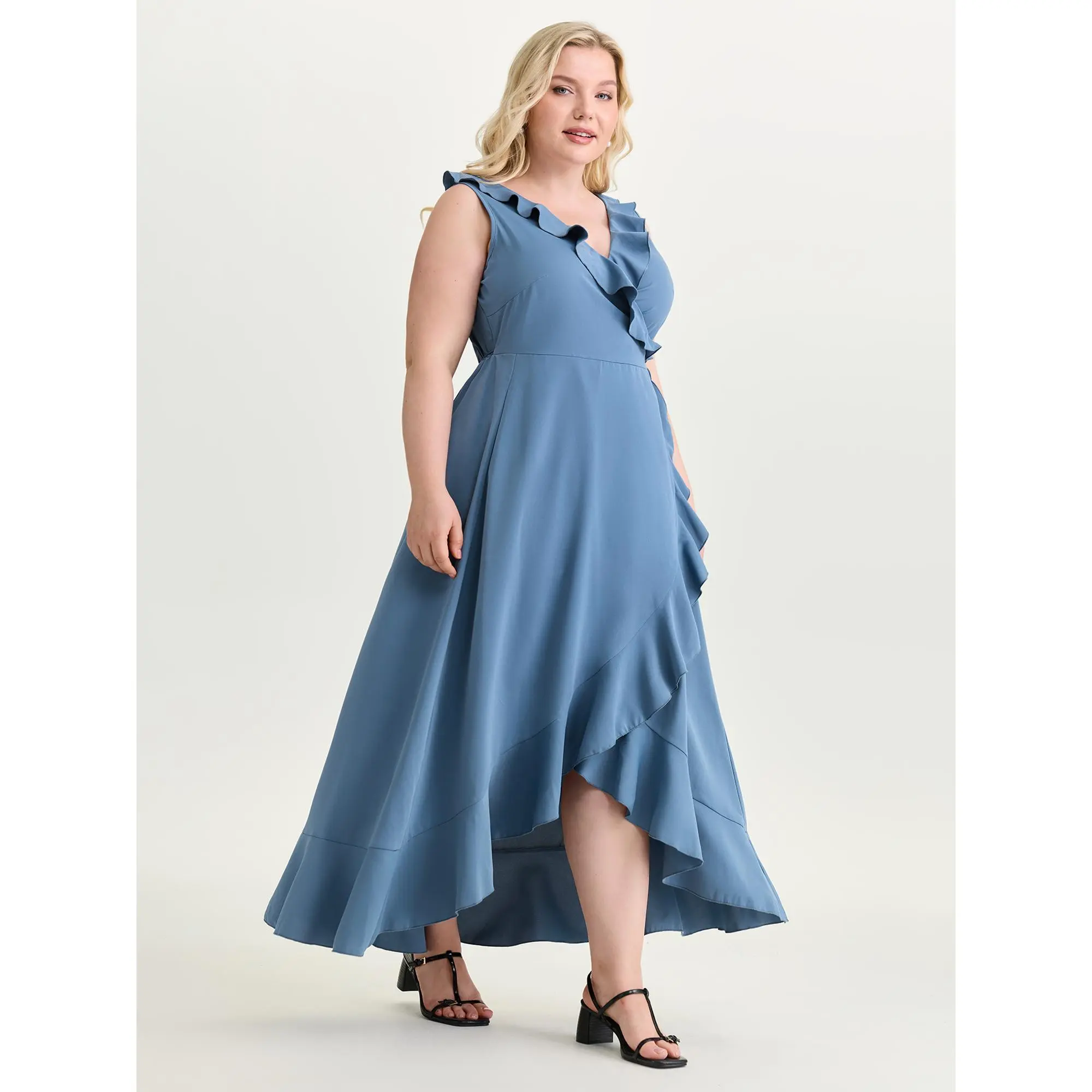 BloomChic Women's Plus Size Romantic Bodycon Midi Dress, Sleeveless Polyester Fabric with Ruffled Layered Hem and Overlap Collar, Fit, Light, Smooth, Garment, Casual Wear, Low Iron, Plus Size Casual Dresses, Midi Length, Ruffled Edge, Cold Wash