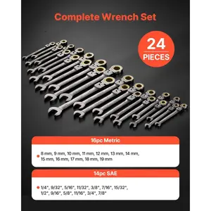 24-Piece SAE/Metric Flex-Head Ratcheting Hex Combination Wrench Set, 72-Teeth Cr-V Steel Multifunctional Obstruction-Free Wrenches, Gray Nickel Finish, Storage Case Included for Household, Automotive Repairs, Multifunctional Wrench Set