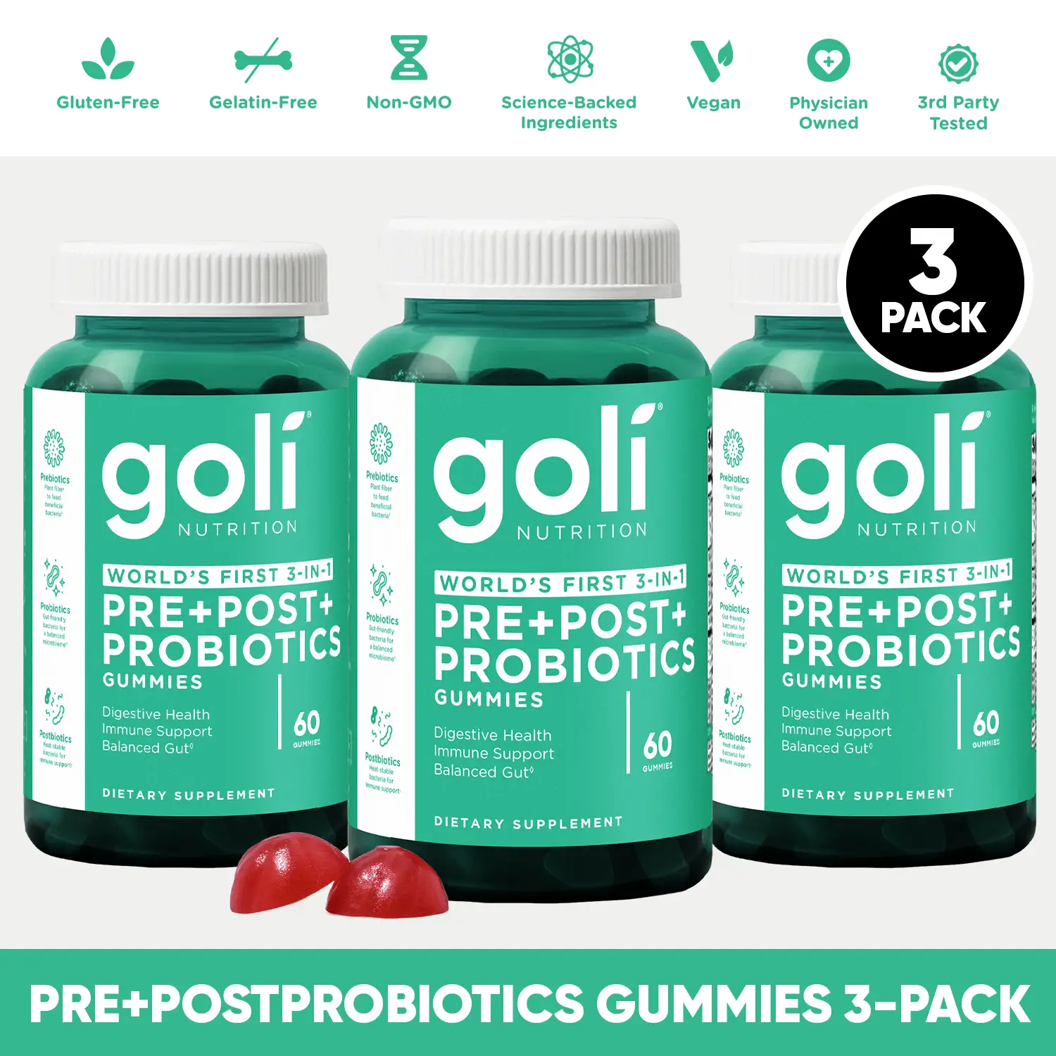 3 Bottles of Goli Pre, Post, Probiotics Gummy - World's First 3-in-1 Gluten-Free...