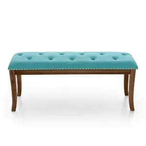 Phi Villa 44” Bedroom Bench,French Vintage Tufted Entryway Benches Upholstered Dining Benches with Cushion,Padded Bench with Nailhead Trim & Solid Wood Legs for Bedroom Living Room Entryway, Blue