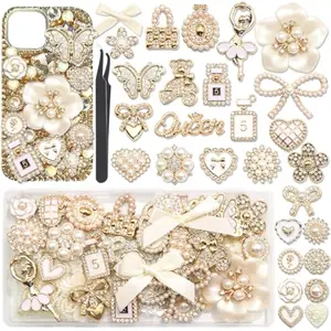 Elegant Flower Butterfly Charm for Phone Case 3D Bow Heart Bear Junk Phone Case Kit Flatback Pearls Rhinestone for Customizing DIY Craft Accessories