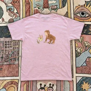 Cute Monkey Flower Graphic T-Shirt – Pink Cartoon Animal Tee, cartoon tee, curious georgeee tshirt, gift for him for her, childhood, crewneck