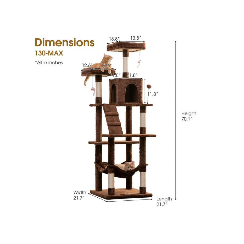 MWPO 70.1-Inch Large Cat Tree, Multi-Level Tall Cat Tower for Indoor Cats, Plush Cat Condo with Big Padded Perches, Sisal-Covered Scratching Posts, Hammock, Toys for Kittens & Cats