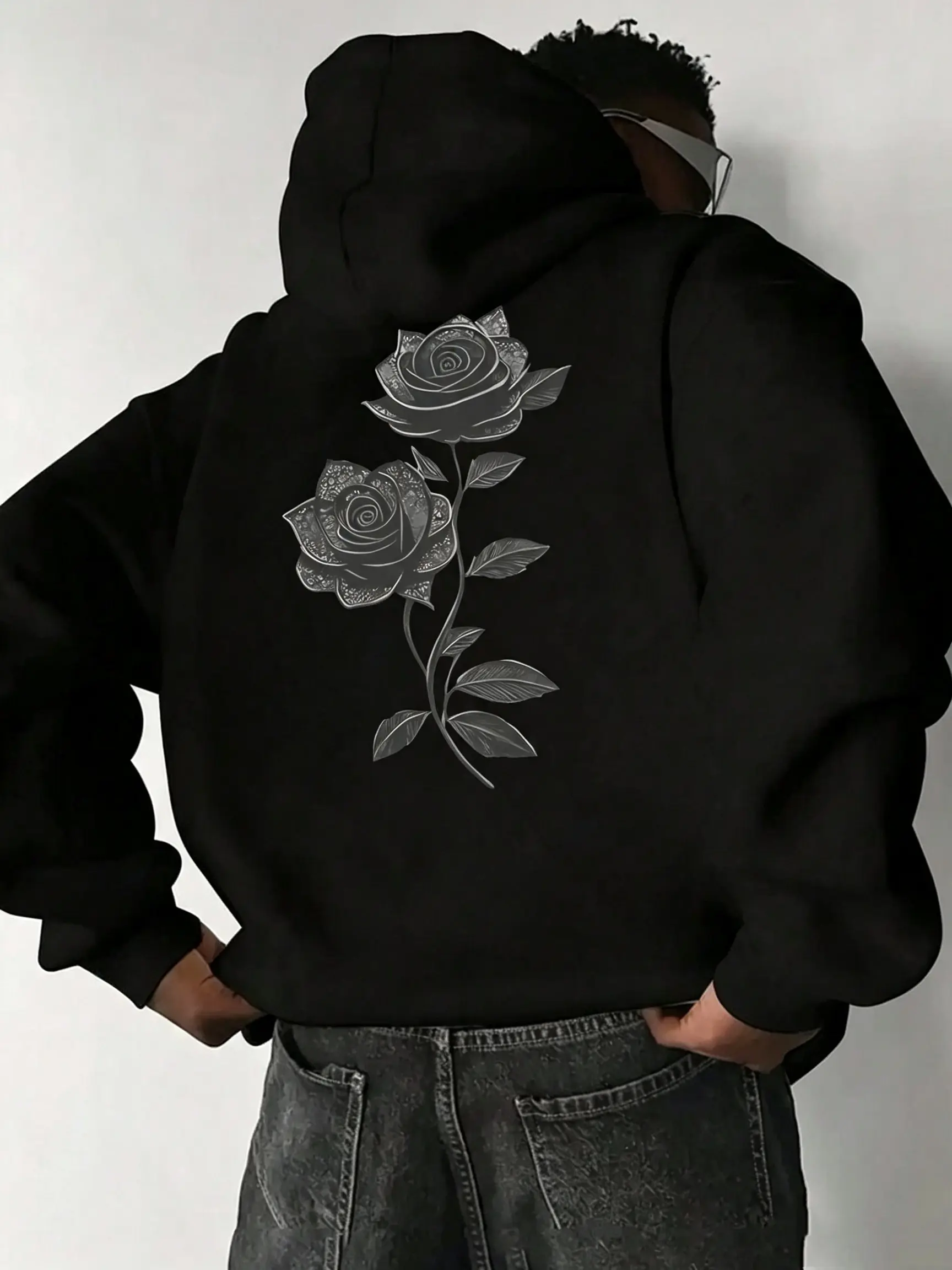 Men’s vintage gray hoodie with rose back print, oversized unisex couple hooded sweatshirt, aesthetic floral graphic pullover, minimalist streetwear long-sleeve hoodie, casual top with flower design on the back, fall back-to-school outfits for men and wome