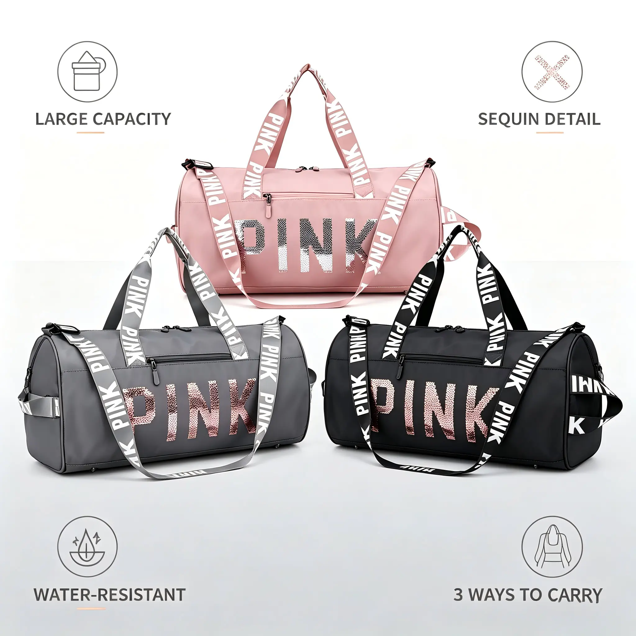Sparkly Sequin Gym Duffel Bag for Women, Waterproof Oxford Weekender with Independent Shoe Compartment, Dry-Wet Space & Printed Straps for Travel & Workout