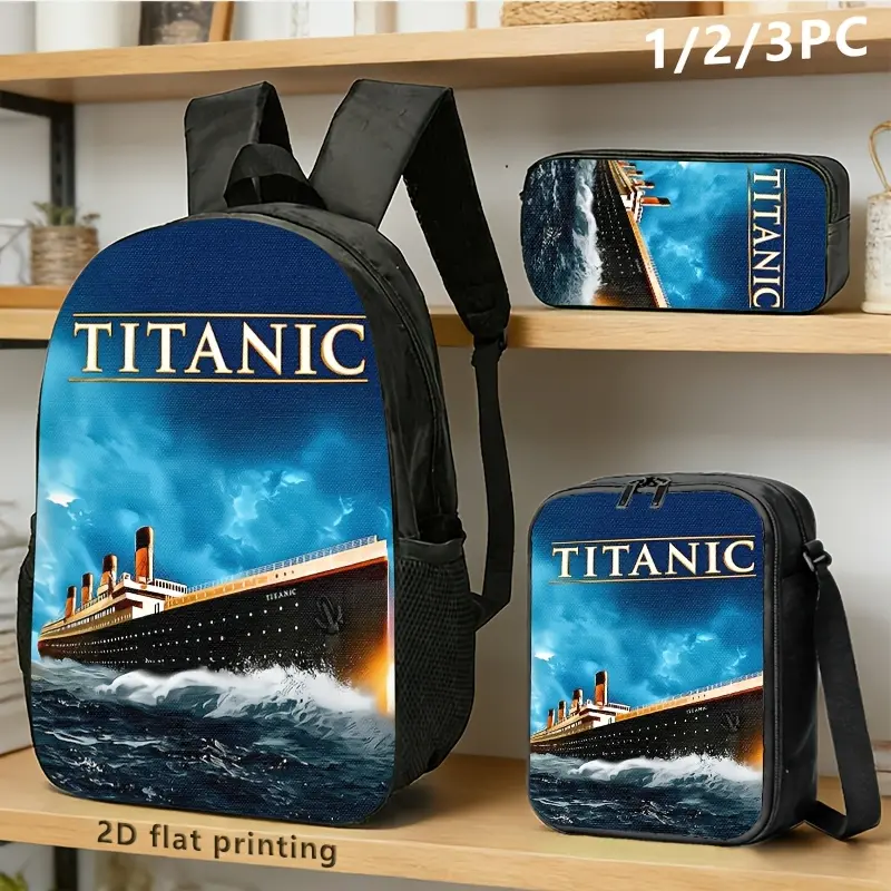 Backpack Set for Kids, 3-Piece Titanic Print School Bag with Insulated Cooler Lunch Box & Zipper Pencil Case, 600D Oxford, Fits 15" Laptop, Top Handle for Back to School, Back To School Haul, Ocean Liner
