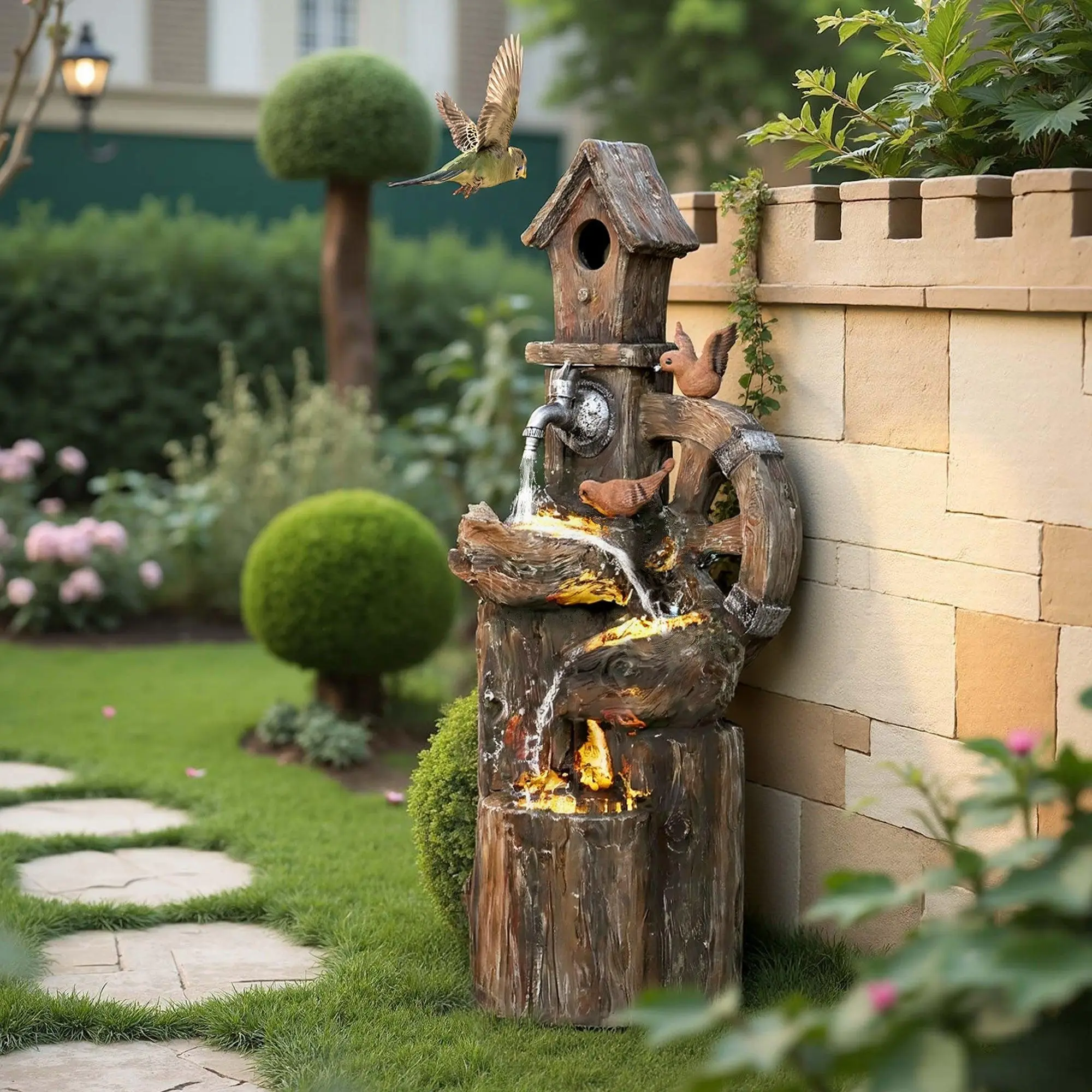3-Tier Cascading Waterfall w/LED Lights & Water Wheel