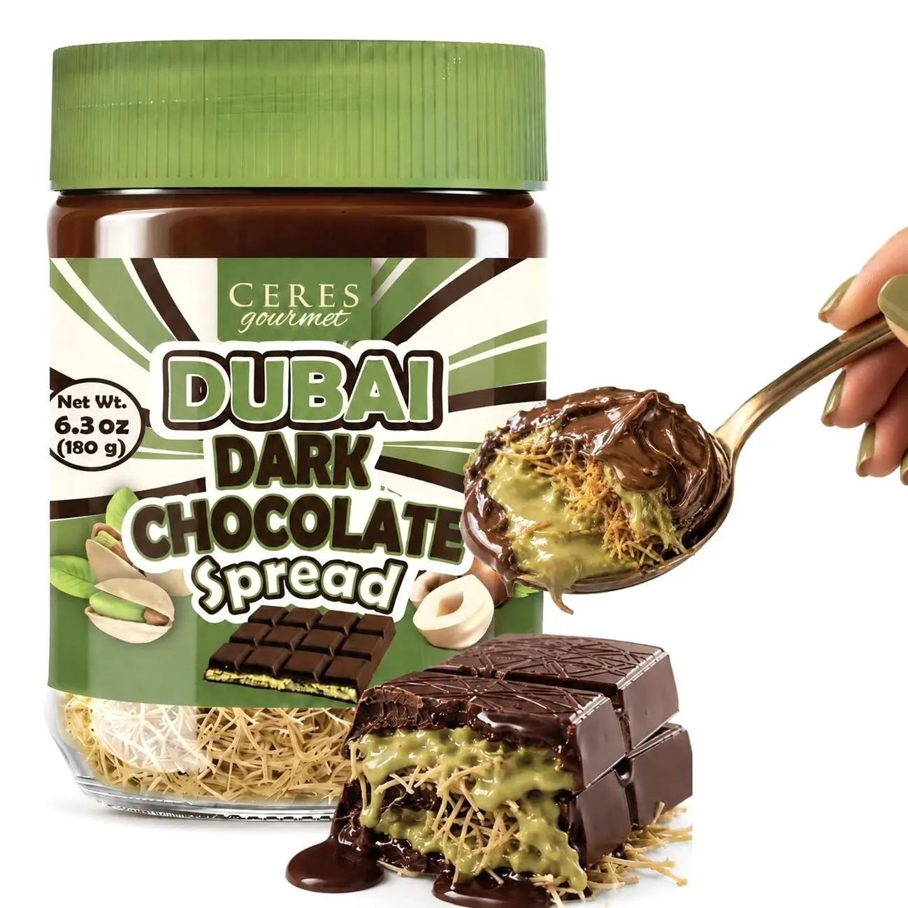 Dubai Chocolate Spread, Dark Chocolate 6.35 oz Jar – Gourmet Chocolate Filling & Pistachio with Kataifi, Dubai Dip, Smooth Spreadable Dessert Experience