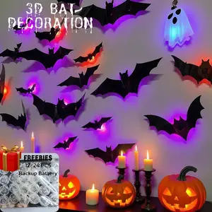 Bat Design Decorative Lights, Free Backup Batteries，12 pcs/24 pcs a Set of Luminous 3D Bat-Shaped Wall Stickers,Suitable for Halloween Parties, Indoor Wall and Door Frame Decorations