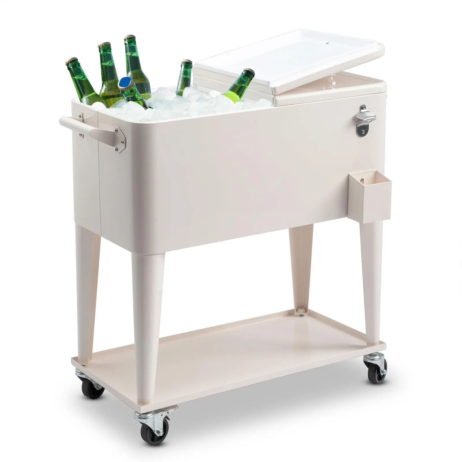 Large Plastic Portable Rolling Patio Cooler Ice Chest with Wheels, Functional Outdoor Cooling Beverage Bar Trolley with Storage Shelf & Bottle Opener for Home Deck Backyard Party