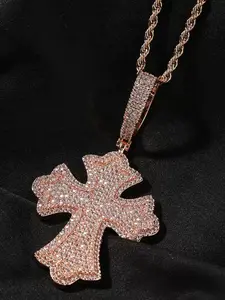 Unique Simple 4-Prong Cross Pendant Necklace, Copper Zircon Full Drill, Cuban Link Chain, New Creative Fashion Accessory, Versatile Jewelry for All Occasions