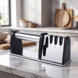 Non-Slip Kitchen Knife Sharpener - Ergonomic Handle 3-Stage Professional Sharpening Tool, Quick Safe Knife Sharpener for Chef Fruit Slicing Knives, Compact Durable for Home Kitchen Restaurant Use