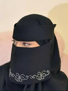 1PC Middle Eastern Fashion Rhinestone Chiffon Niqab, Elegant Floral Rhinestone Veil for Women, Muslim Daily Wear, Outdoor Sun Protection Face Mask