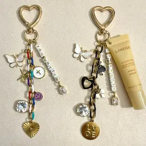 Bag Charm KEYCHAIN | 18K Gold Plated | Heart Clasp | 6 Charms | Customizable Saying | Gold Chain w/ Black or Colorful Accents