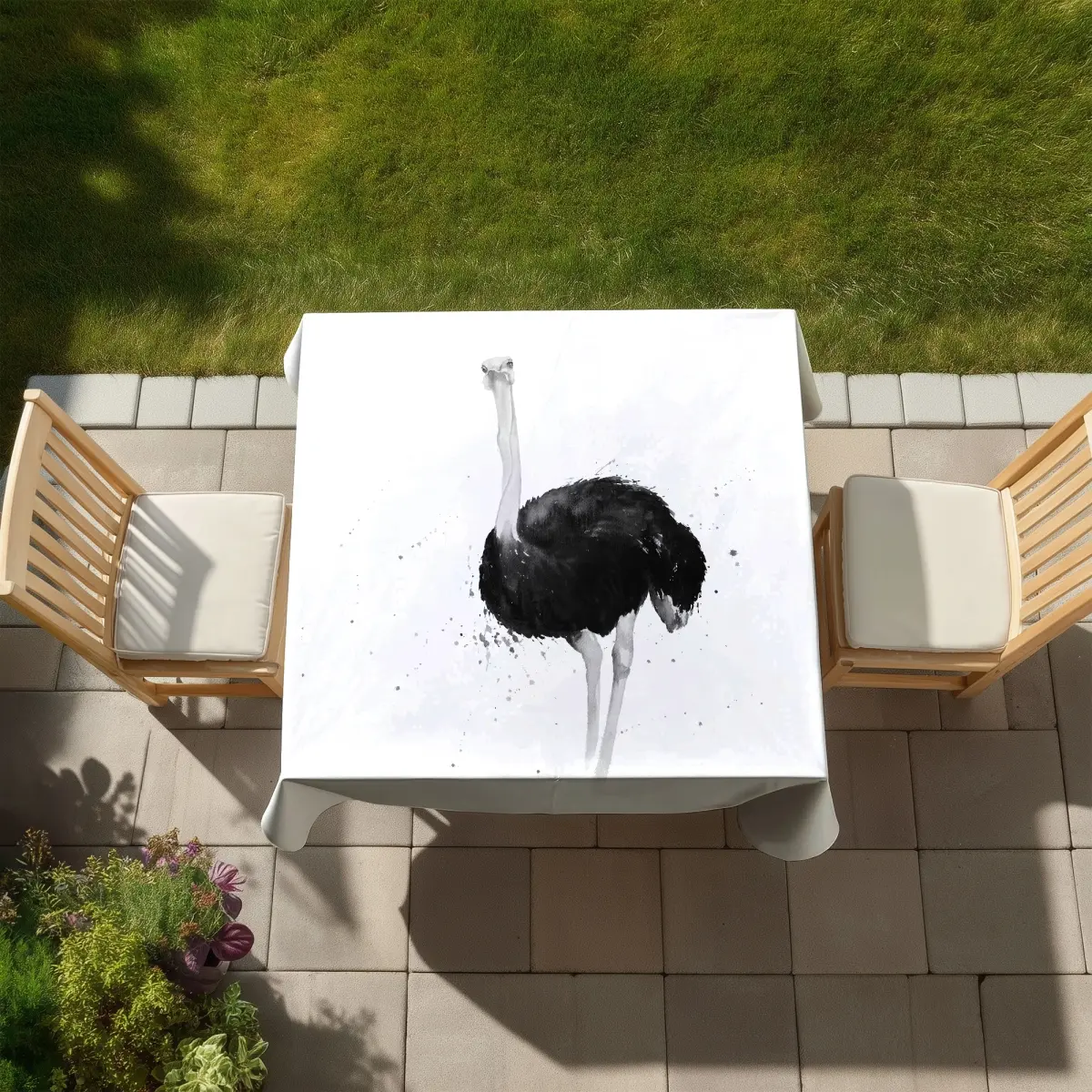 360 stand Gray Ostrich Print Bird Tablecloth - 58x58 in, Water Resistant, Nature-Inspired Watercolor Design, Artistic Look, Indoor-Outdoor Kitchen Linens Home Textile Furnishing, Outdoor Furniture, Garden Dining Table, Weather Resistant Table, Elegance, E